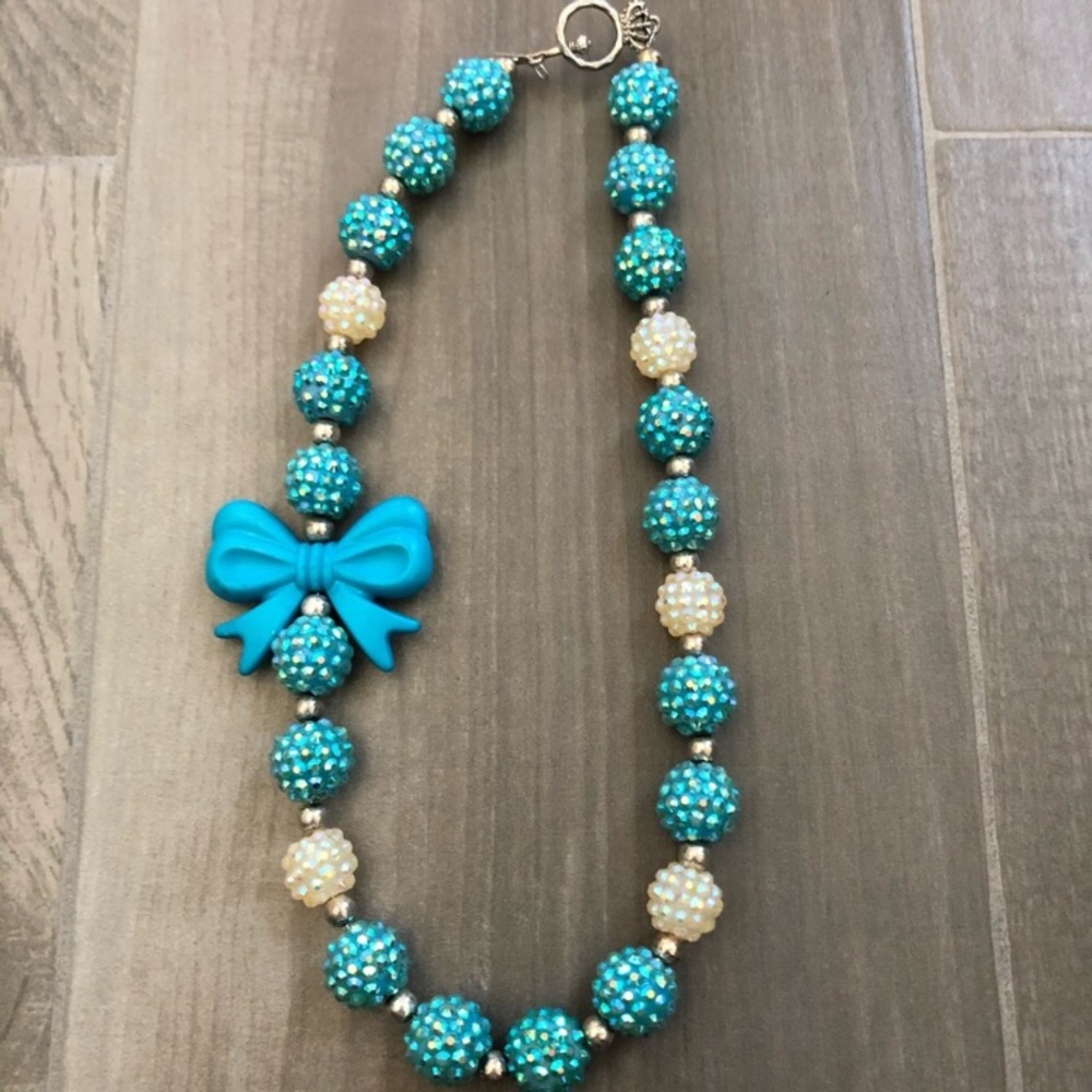 Blue sparkly beaded kids necklace w/ bow charm